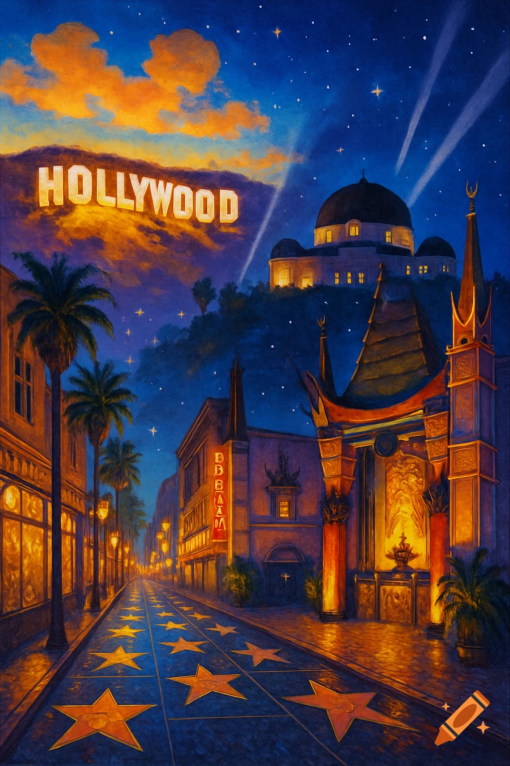 A stylized, painterly nighttime view of Hollywood landmarks, including the illuminated Hollywood sign, TCL Chinese Theatre, Griffith Observatory, and the Walk of Fame stars on the street.
