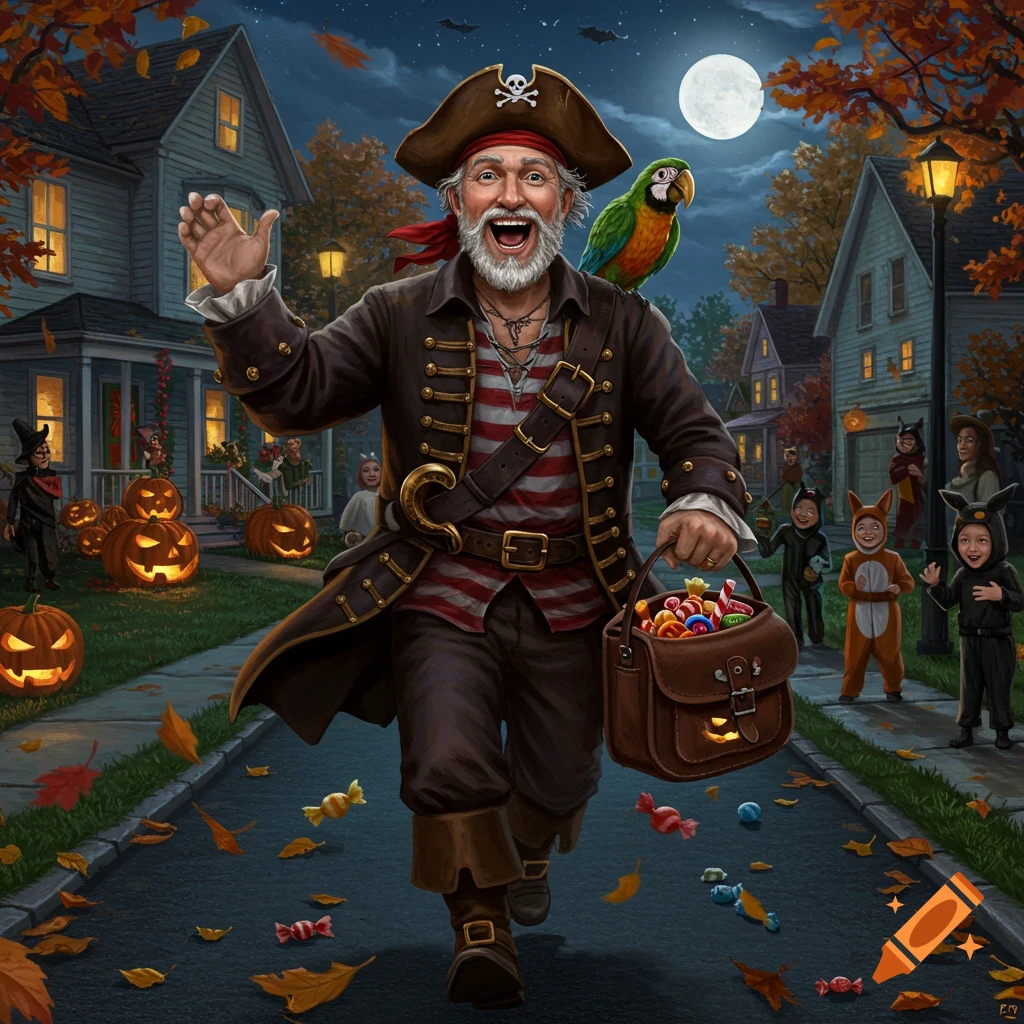 A joyful elderly man dressed as a pirate with a parrot runs down a Halloween street, holding a candy bag near trick-or-treating children and glowing jack-o'-lanterns.