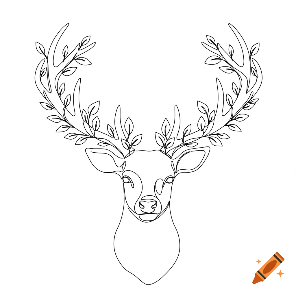 A minimalist continuous line art drawing of a deer head with antlers adorned with leaves on a white background.