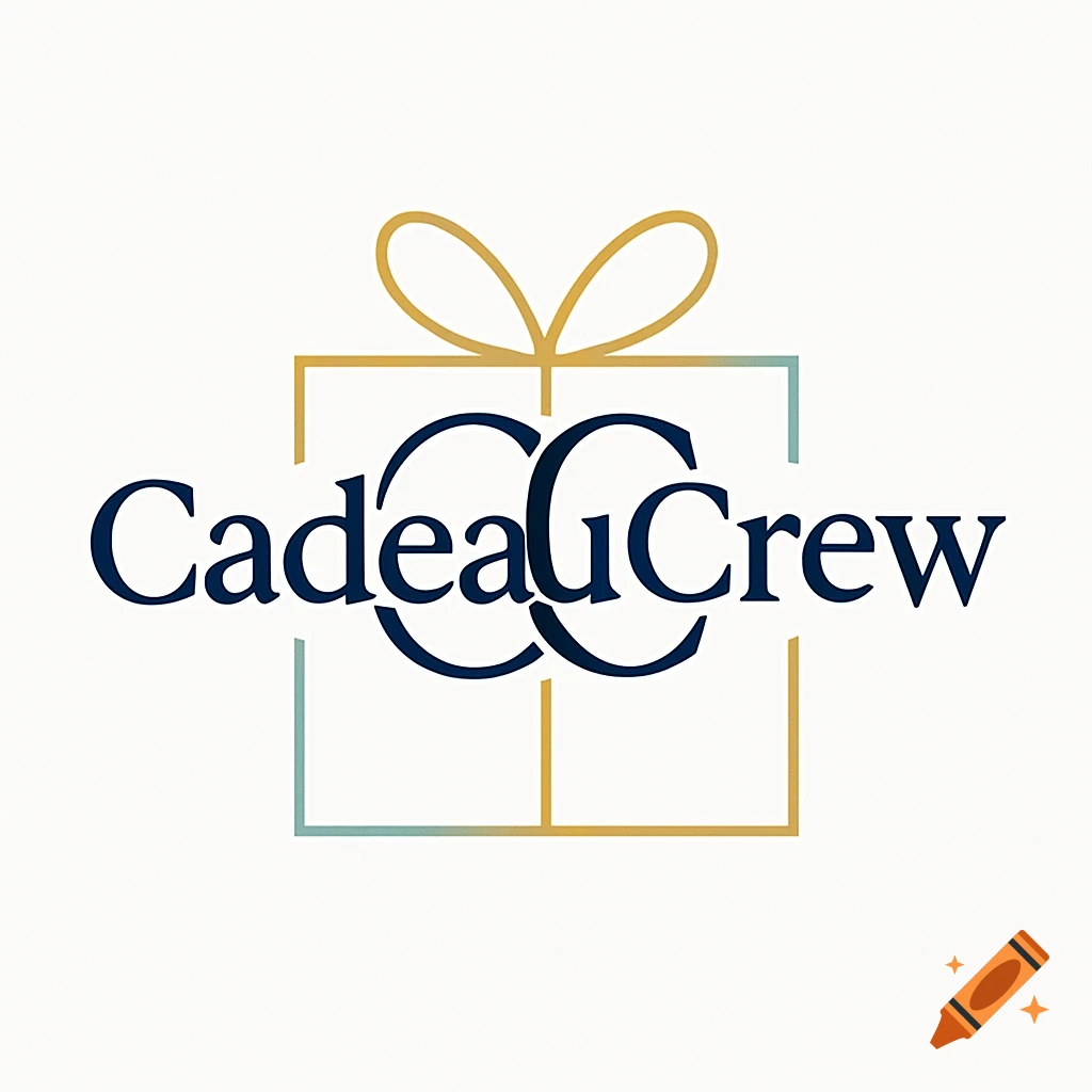 Stylized logo with dark blue 'CadeauCrew' text, featuring intertwined 'CC' initials, over a golden and teal outlined gift box.