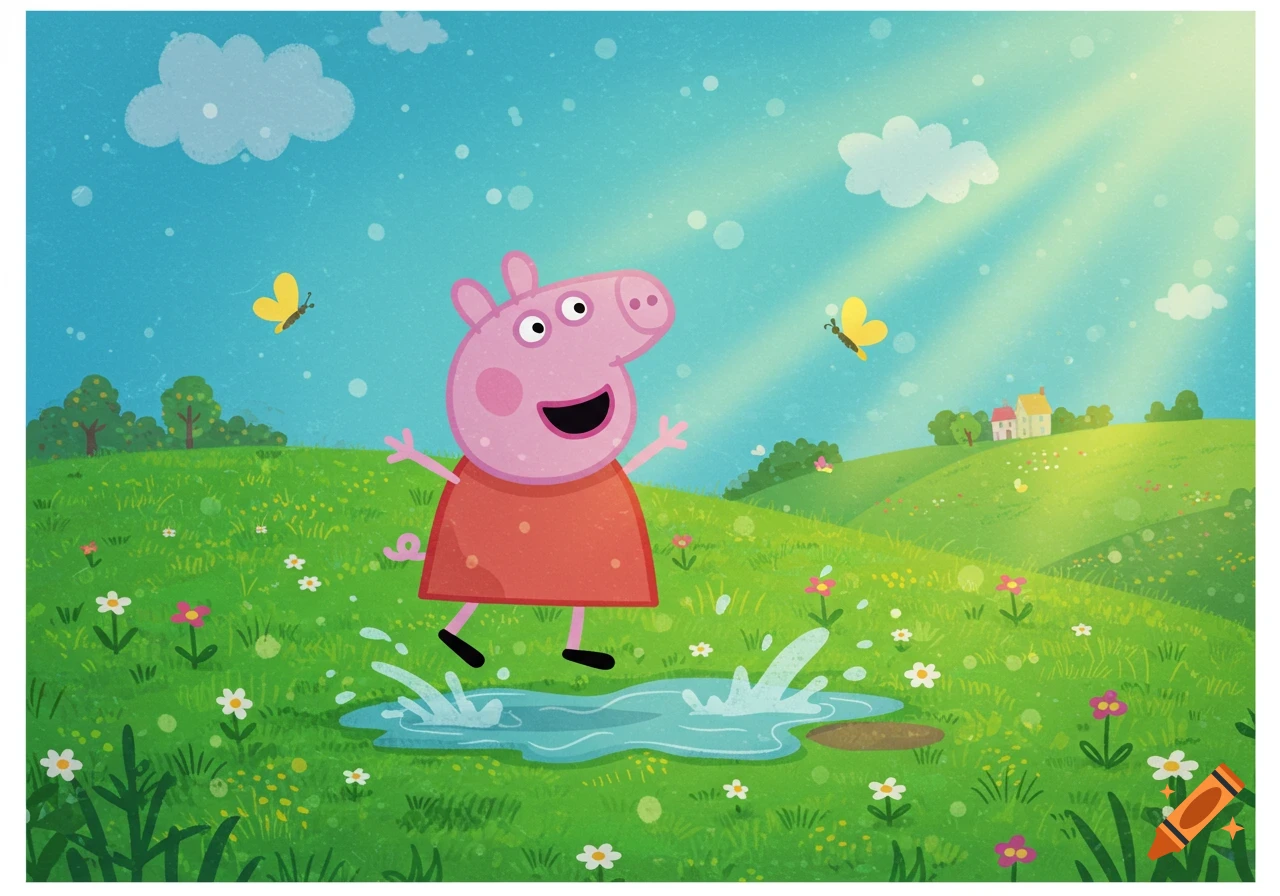 Peppa Pig, a pink pig character, joyfully jumps in a puddle in a vibrant green field under a sunny blue sky.