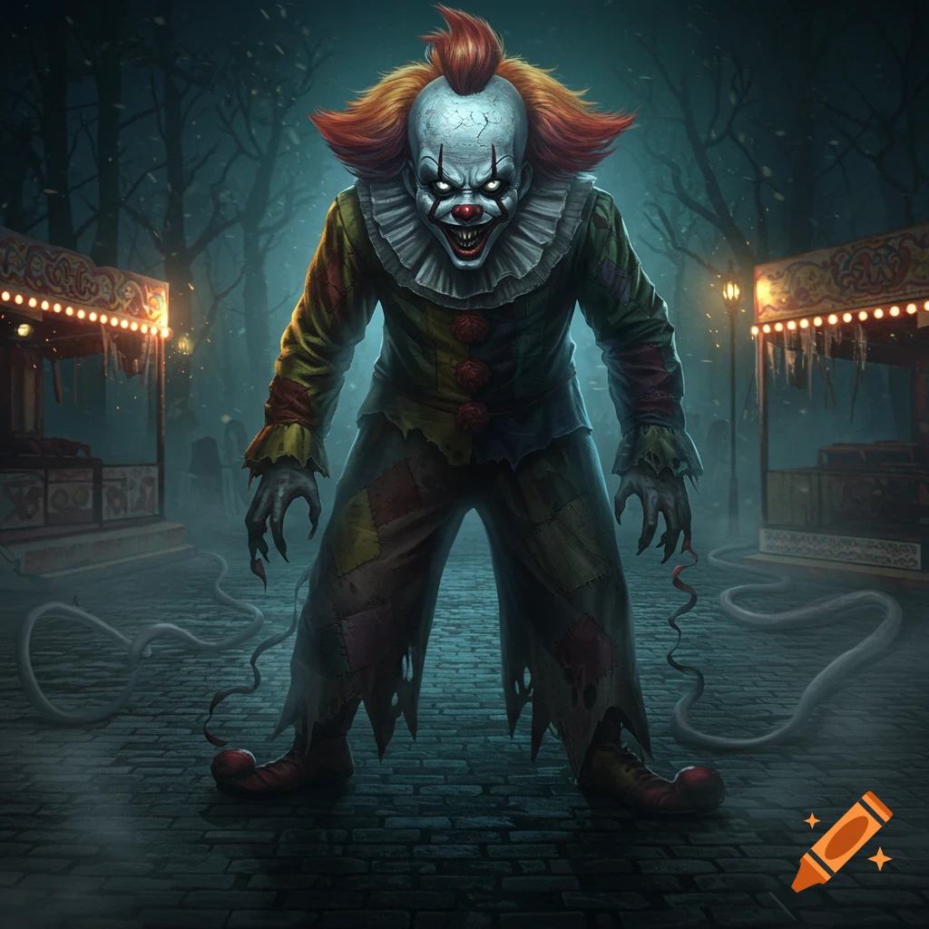 A terrifying, pale-faced horror clown with glowing eyes, sharp teeth, and a tattered suit stands in a dark, eerie carnival.