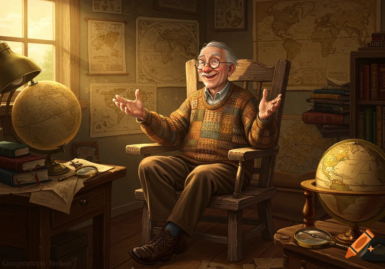 Smiling old man with glasses in a patterned sweater sits in a cozy study filled with globes and maps, bathed in warm light.
