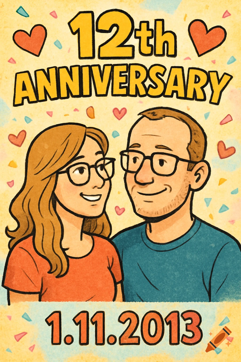 Cartoon illustration of a smiling couple with glasses, celebrating their 12th anniversary, with the date 1.11.2013, confetti and hearts.