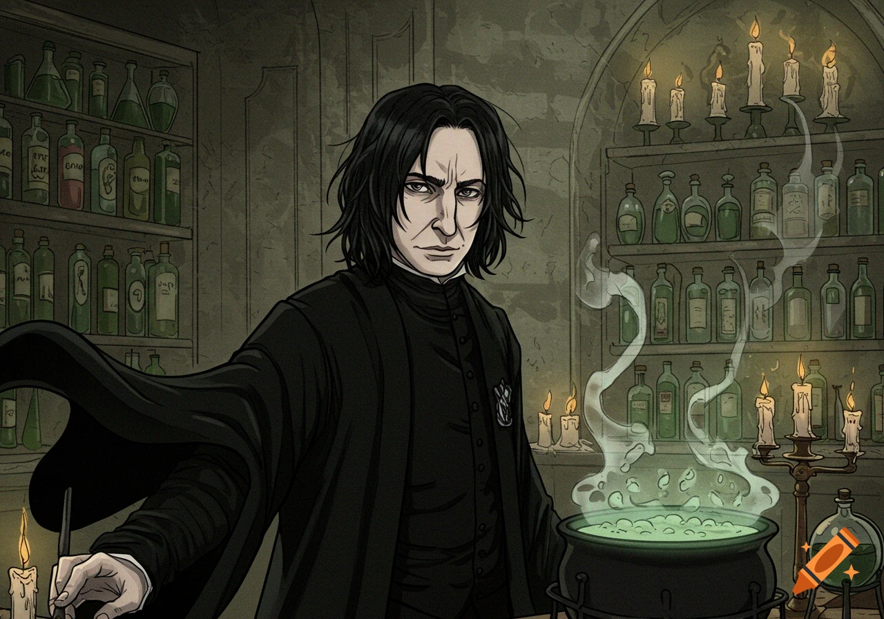 Severus Snape, in a manga style, stands in a dimly lit potions lab with a bubbling green cauldron and shelves of bottles and candles.