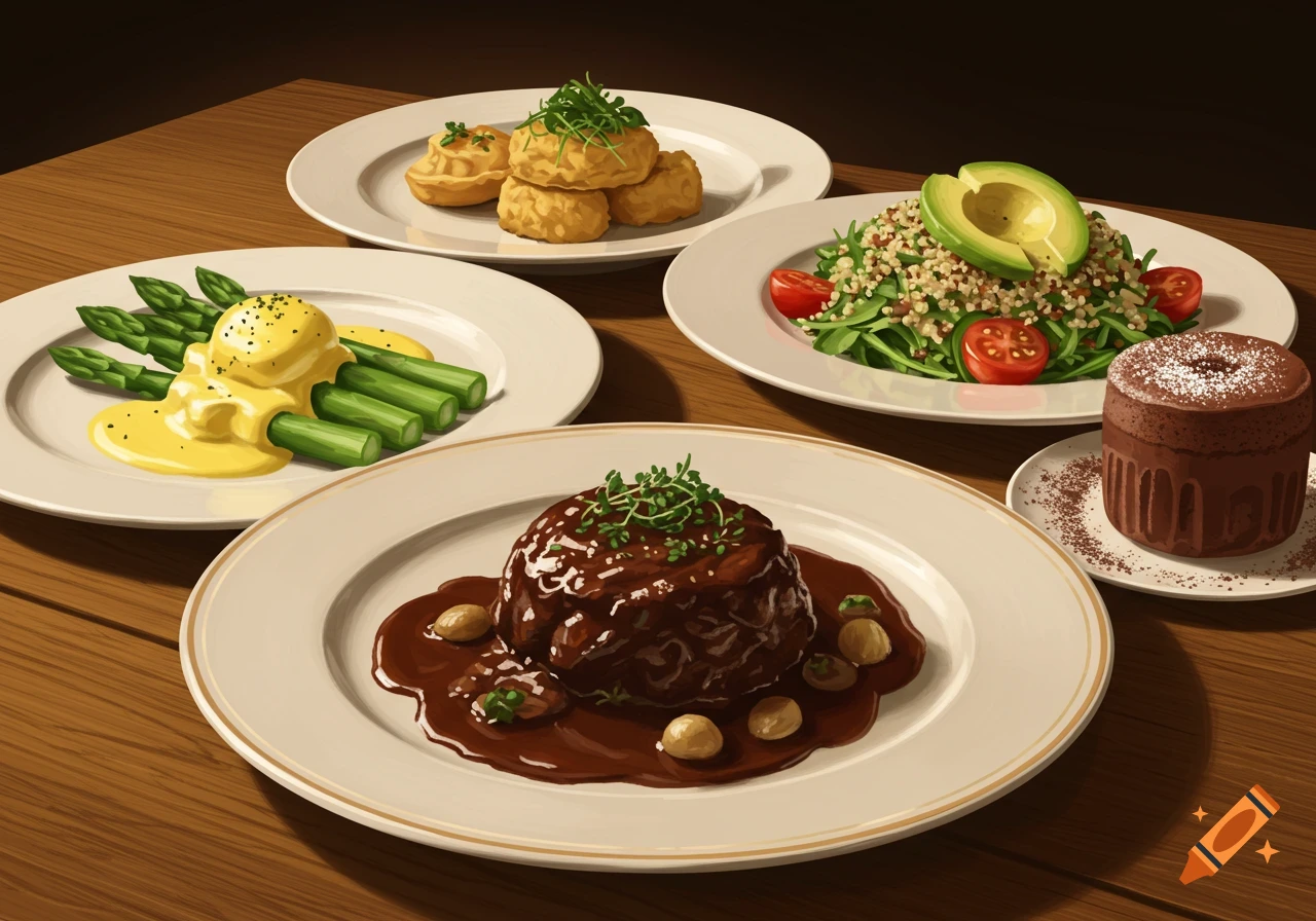 A gourmet meal spread on a wooden table, featuring asparagus with hollandaise, a quinoa and avocado salad, a chocolate souffle, and a meat dish with a rich brown sauce.