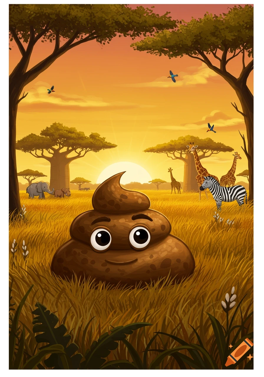 A smiling cartoon poop emoji sits in an African savanna with elephants, giraffes, zebras, and baobab trees under a sunset.