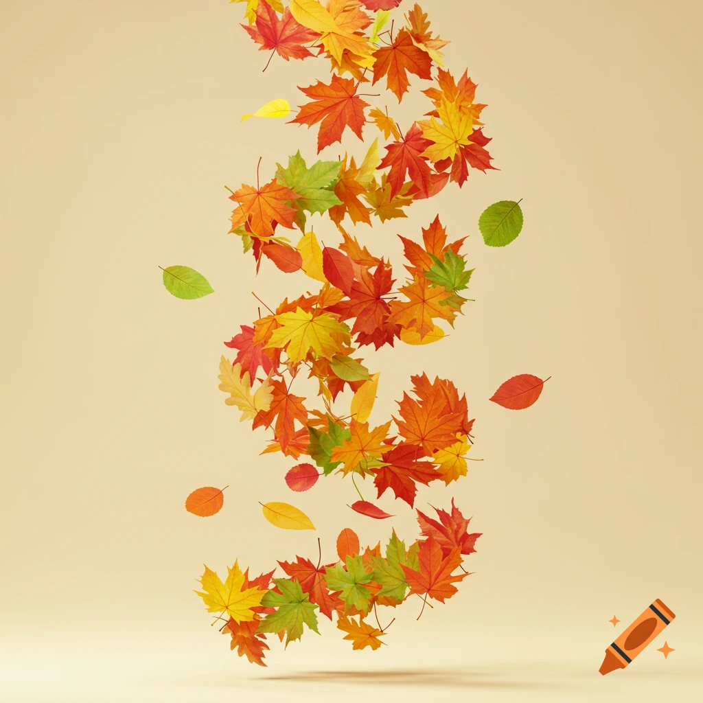 Colorful red, orange, yellow, and green autumn leaves swirl and fall against a plain beige background.