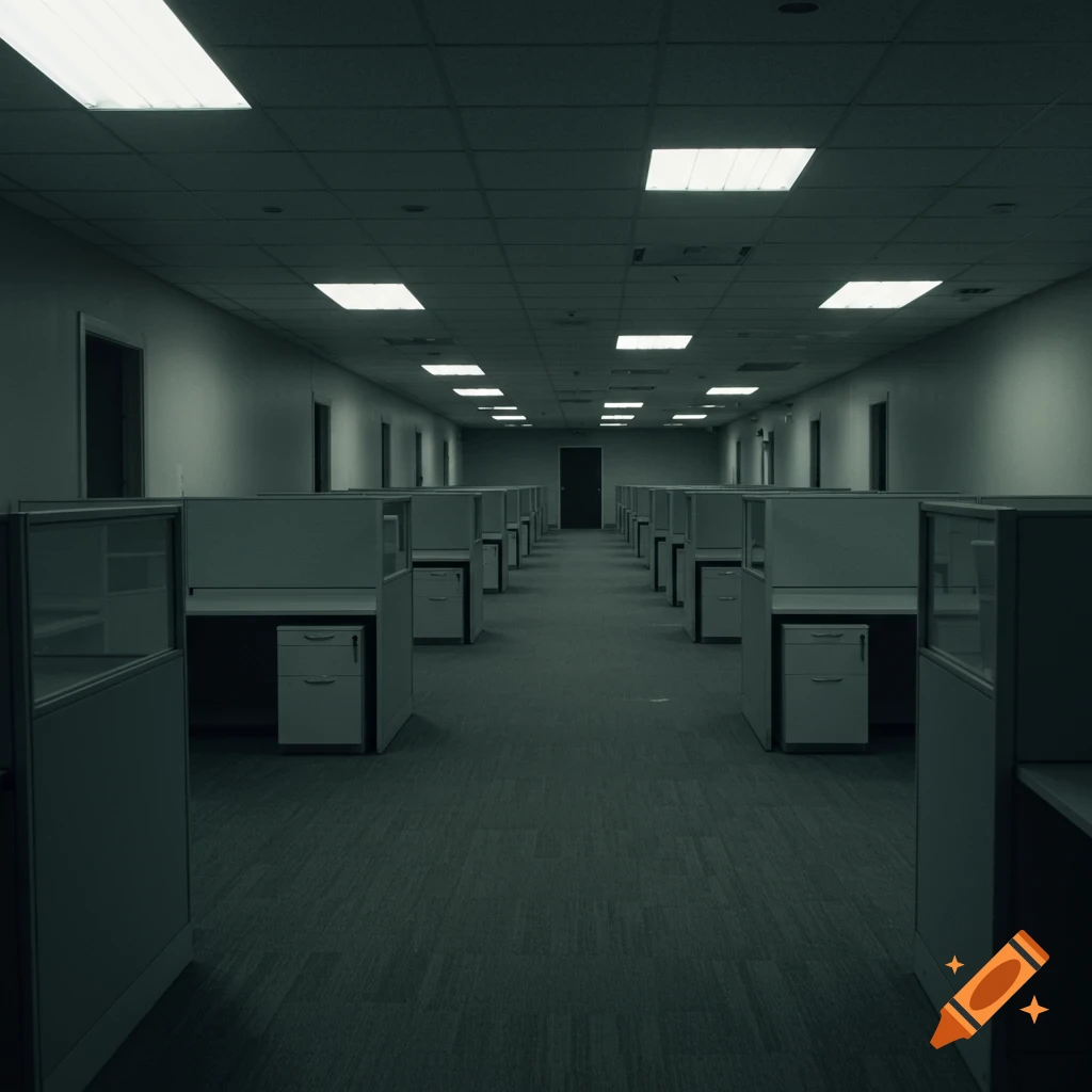 A long, dimly lit, empty office hallway with rows of cubicles under fluorescent lights, creating a liminal space.