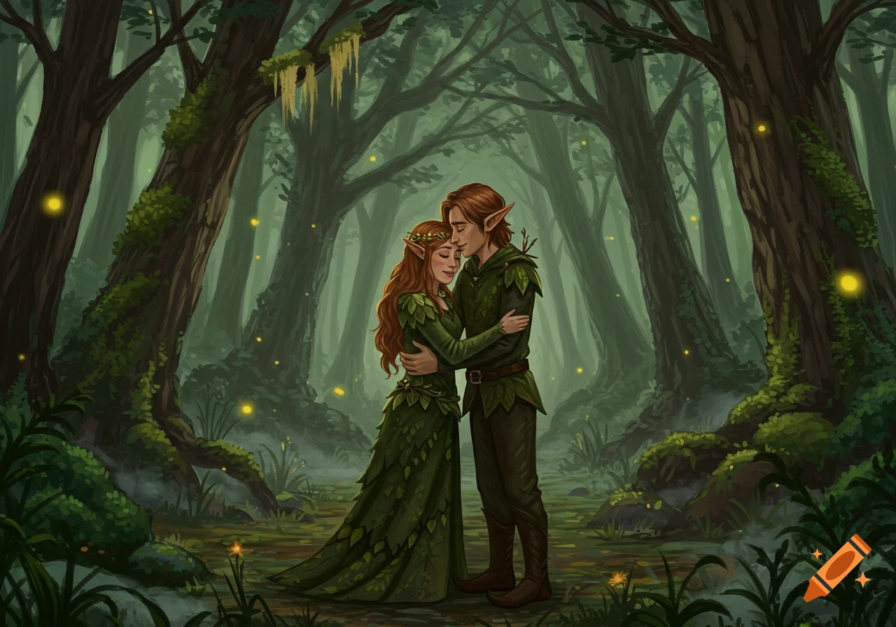 Two brown-haired elves, a man and a woman, in green leaf clothing ...