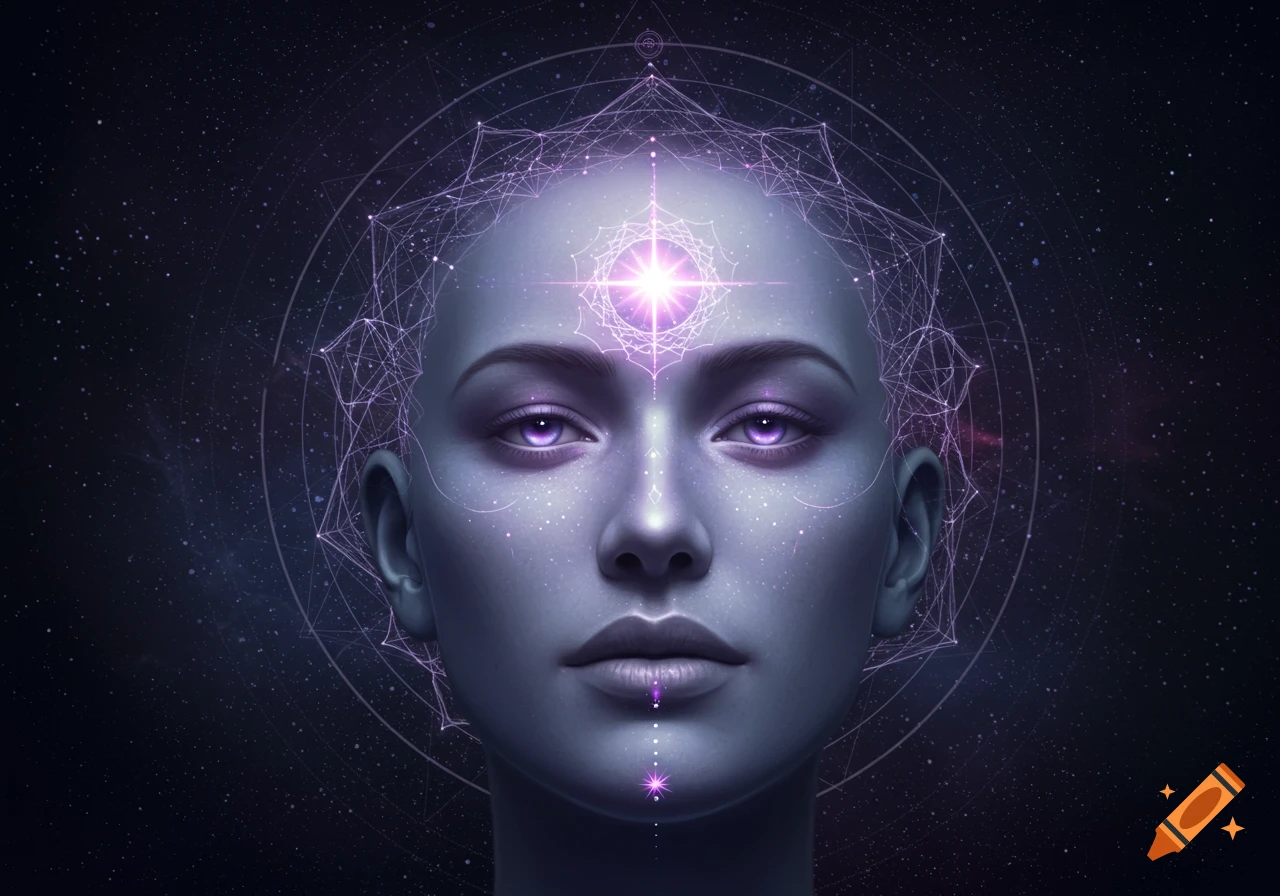 A mystical close-up portrait of a human head with glowing purple eyes, a bright star at the third eye, and cosmic geometric patterns against a dark starry background.