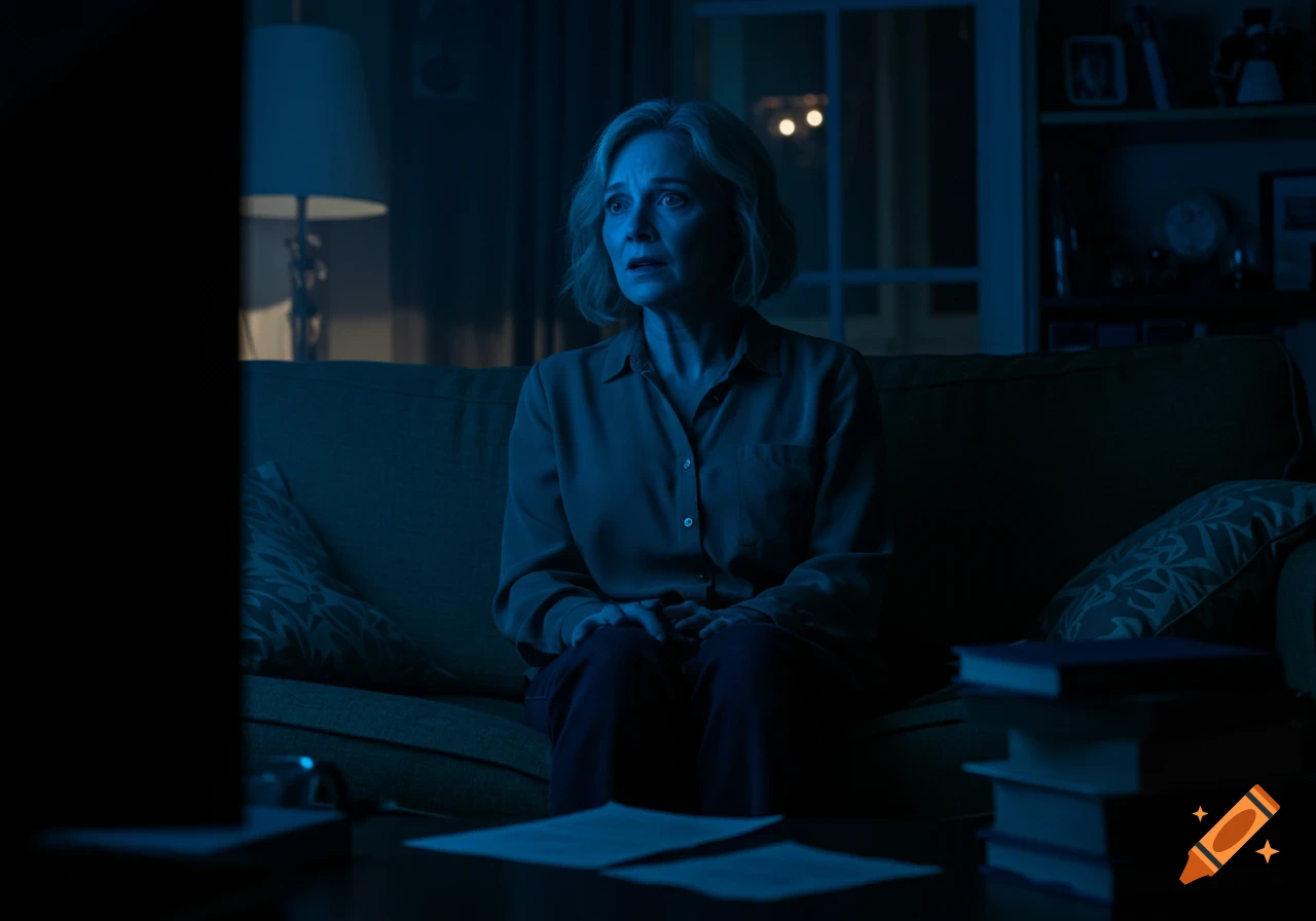 A woman with a surprised and sad expression sits on a sofa, illuminated by a blue light from a TV, in a dark living room.
