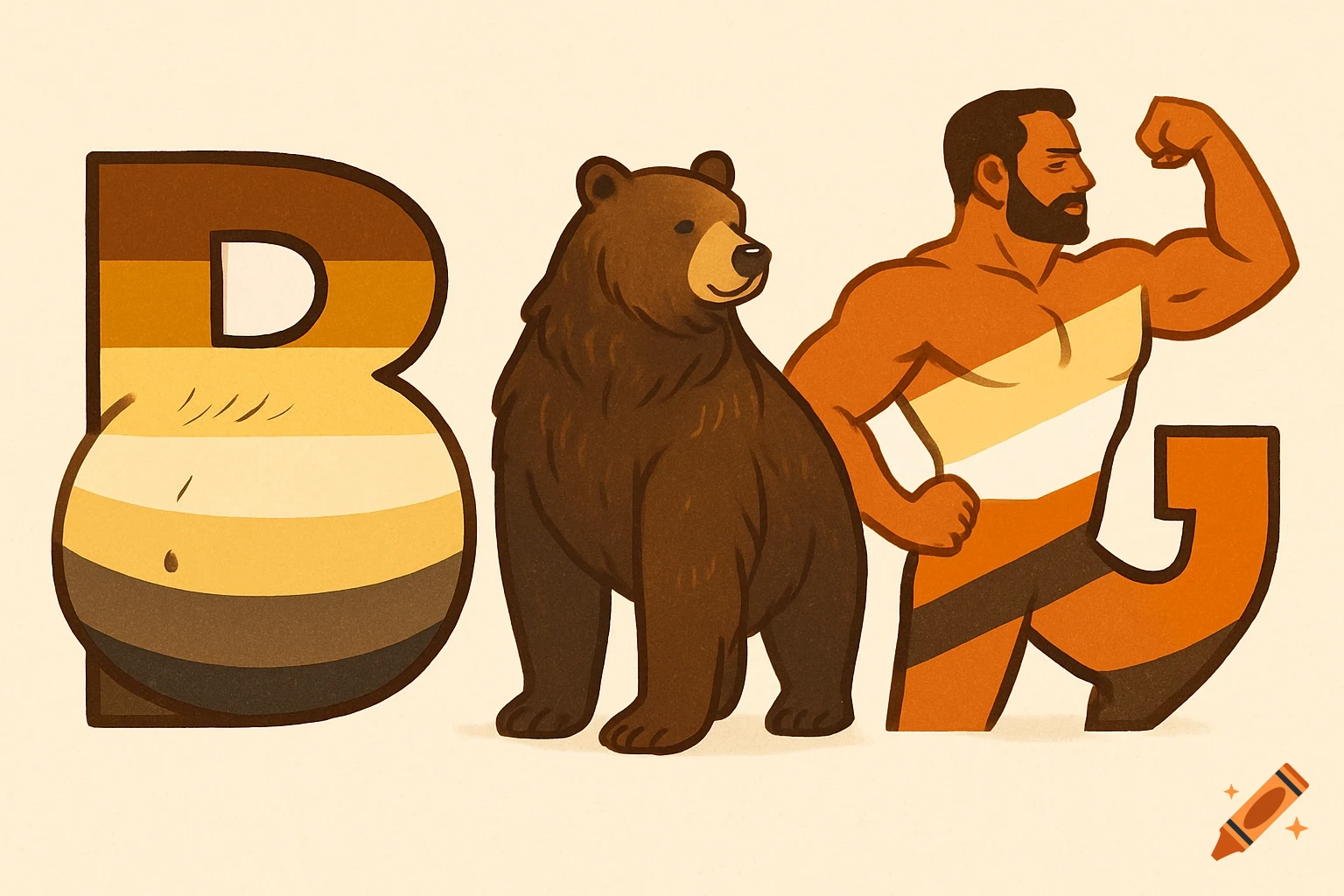 A cartoon illustration spelling 'BIG' with a striped belly for 'B', a brown bear for 'I', and a flexing man for 'G', all in Bear Pride flag colors.