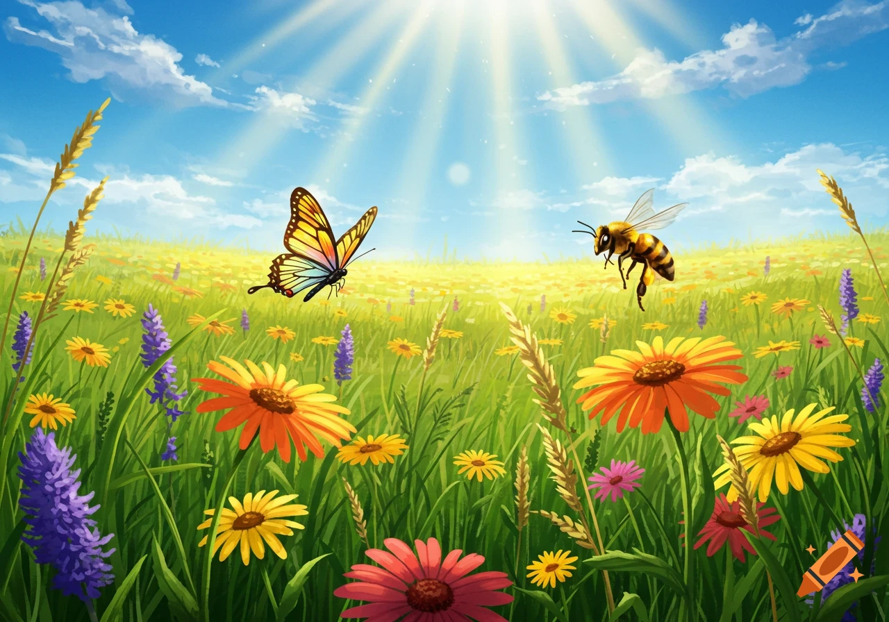 A vibrant illustration of a sunny meadow with a colorful butterfly and ...