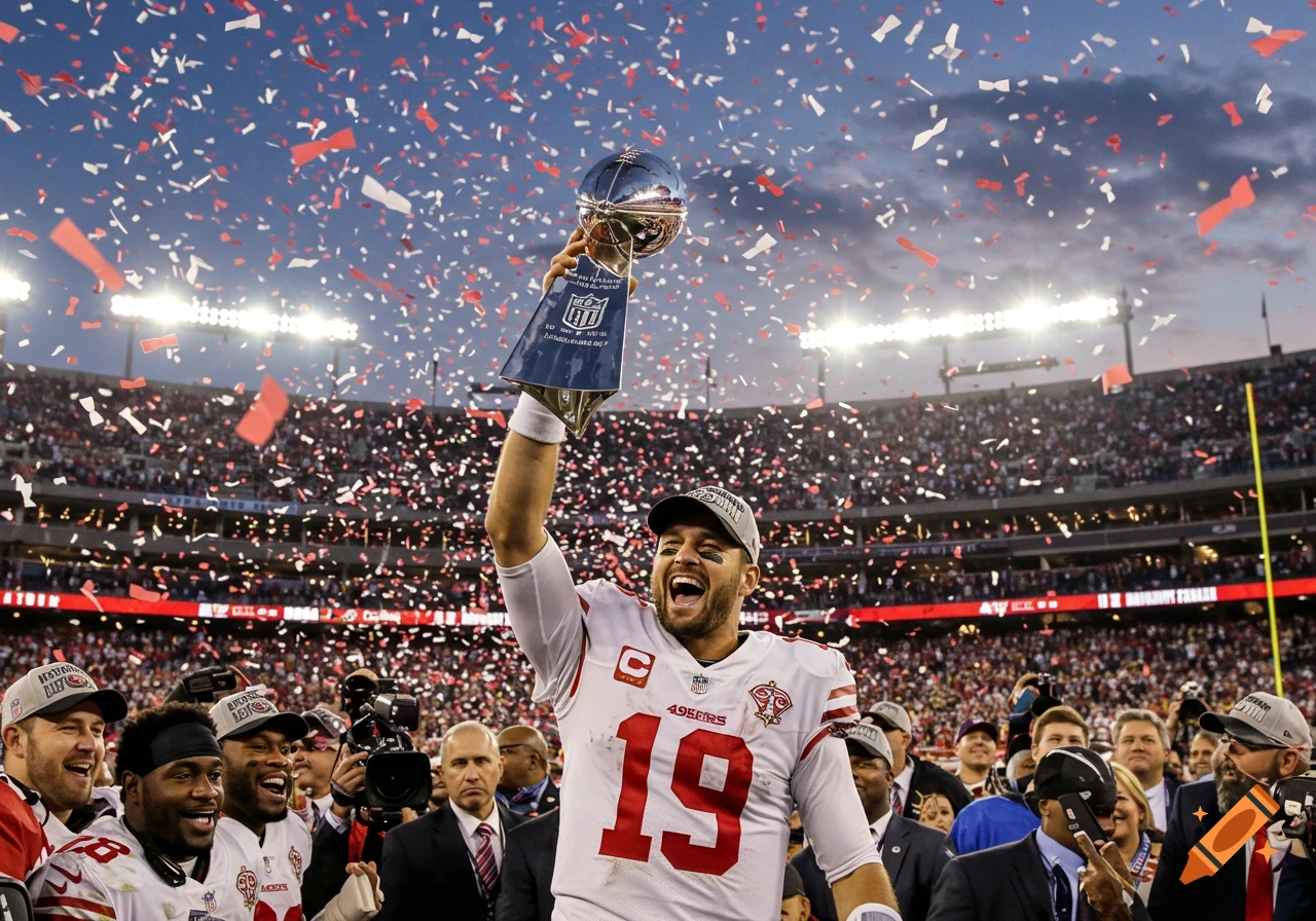 Photorealistic image of a football player in a white 49ers jersey holding a trophy aloft in a crowded stadium with confetti falling.