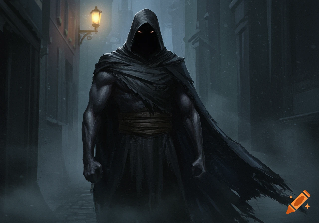 A shadowy figure in a dark hood and cloak with glowing red eyes stands ...