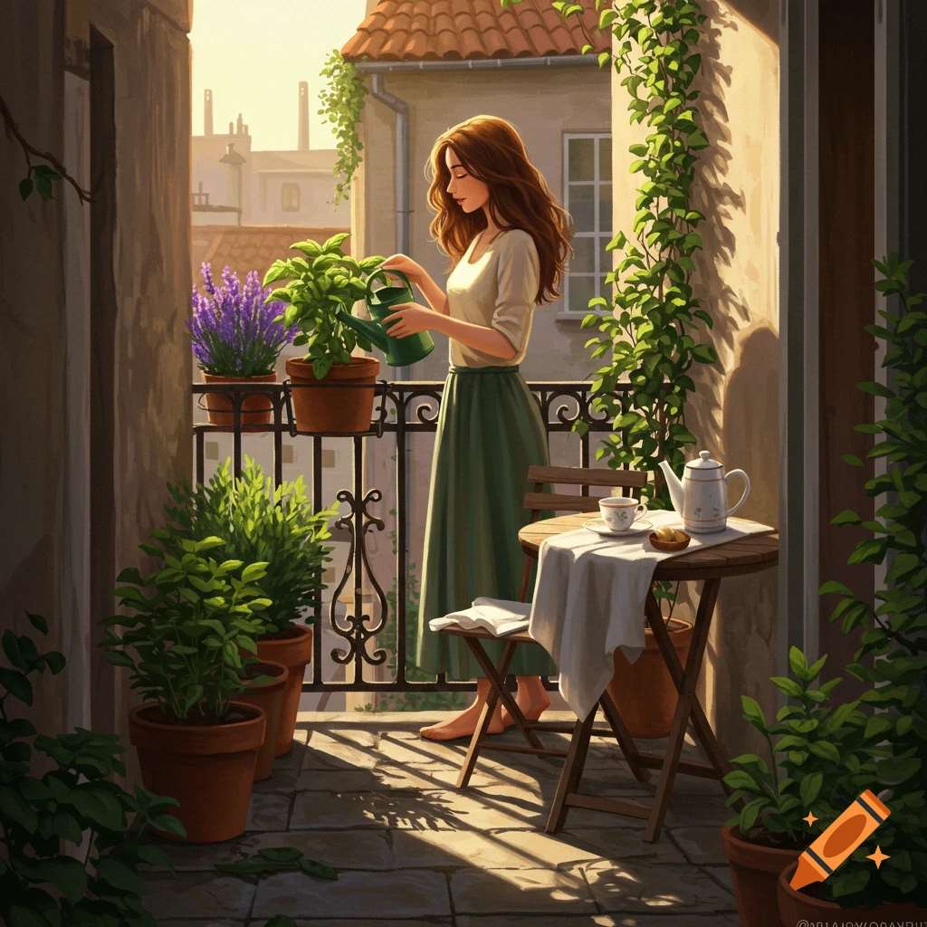 A woman waters potted plants on a sunny balcony overlooking a city, in a digital painting style.