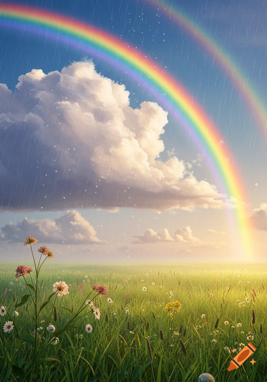 A vibrant double rainbow arches over a green field with wildflowers under a blue sky with clouds and falling rain.