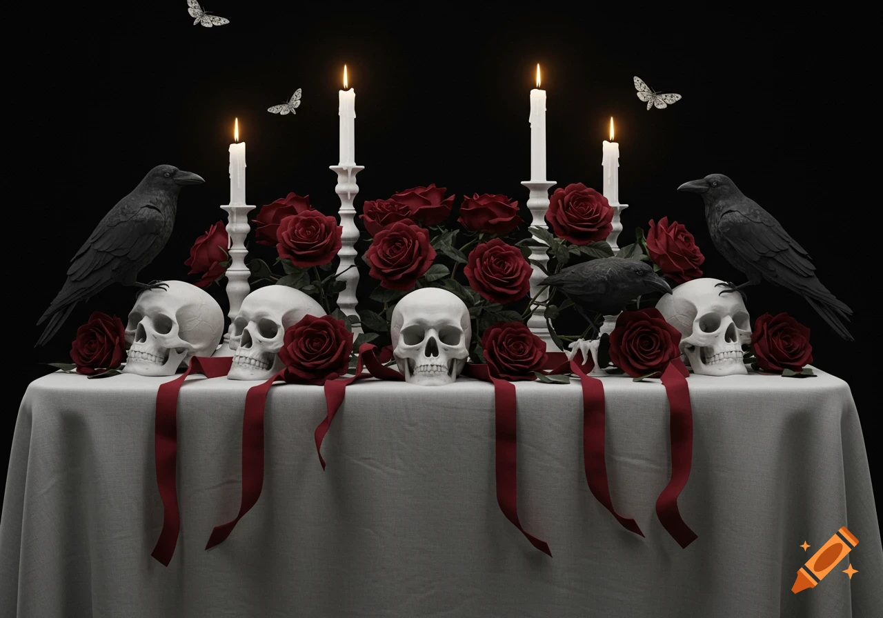 A gothic tablescape with white skulls, dark red roses, black crows, and white candles on a white tablecloth, with white moths flying above.