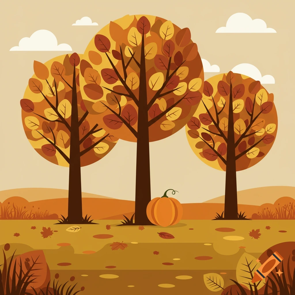 A stylized fall landscape featuring three trees with orange and yellow leaves, fallen leaves, and an orange pumpkin.