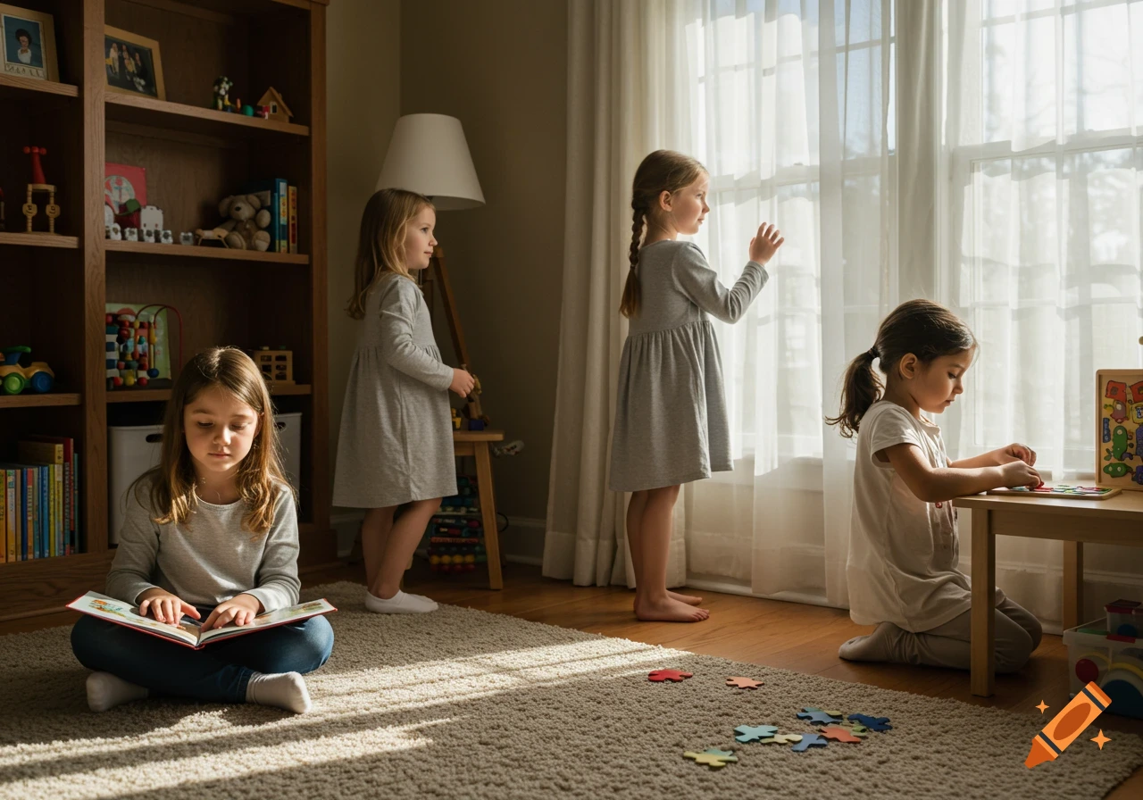 Four young girls engaged in various activities in a sunlit room: one reads a book, one plays with a puzzle, and two stand by a window. Photorealistic.