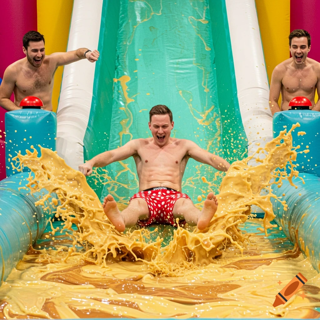 Three shirtless men on a colorful inflatable slide filled with yellow and brown slime. One man slides down, splashing slime, while two friends watch and laugh.