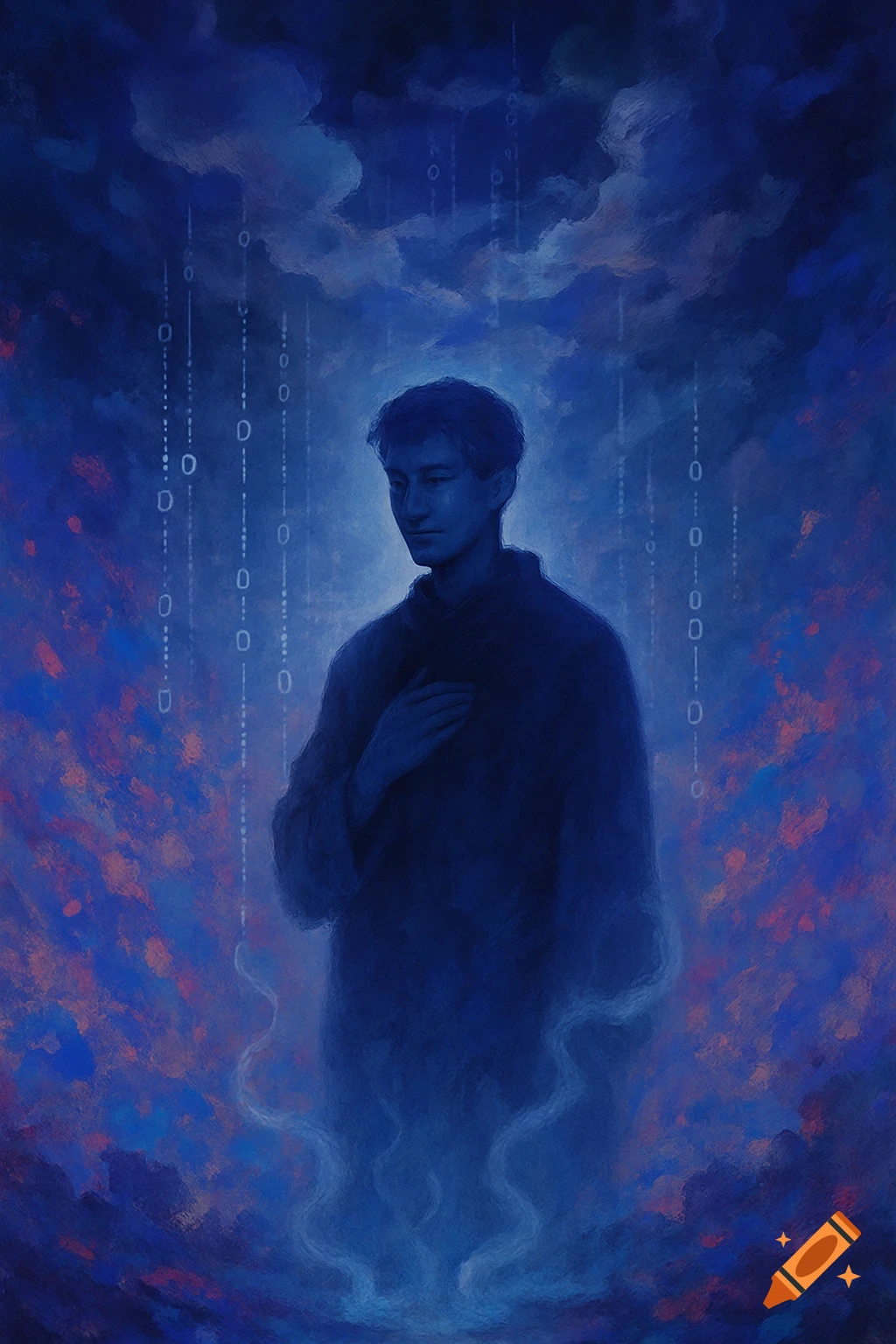 A stylized portrait of a man with blue skin and dark hair, standing ...