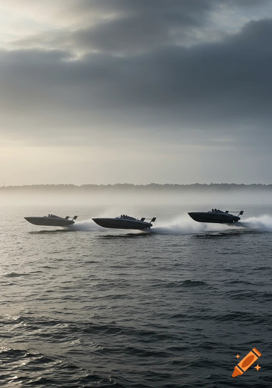 Three military black offshore racing boats speed across choppy water at dawn under a dark, cloudy sky, with a hazy shoreline.