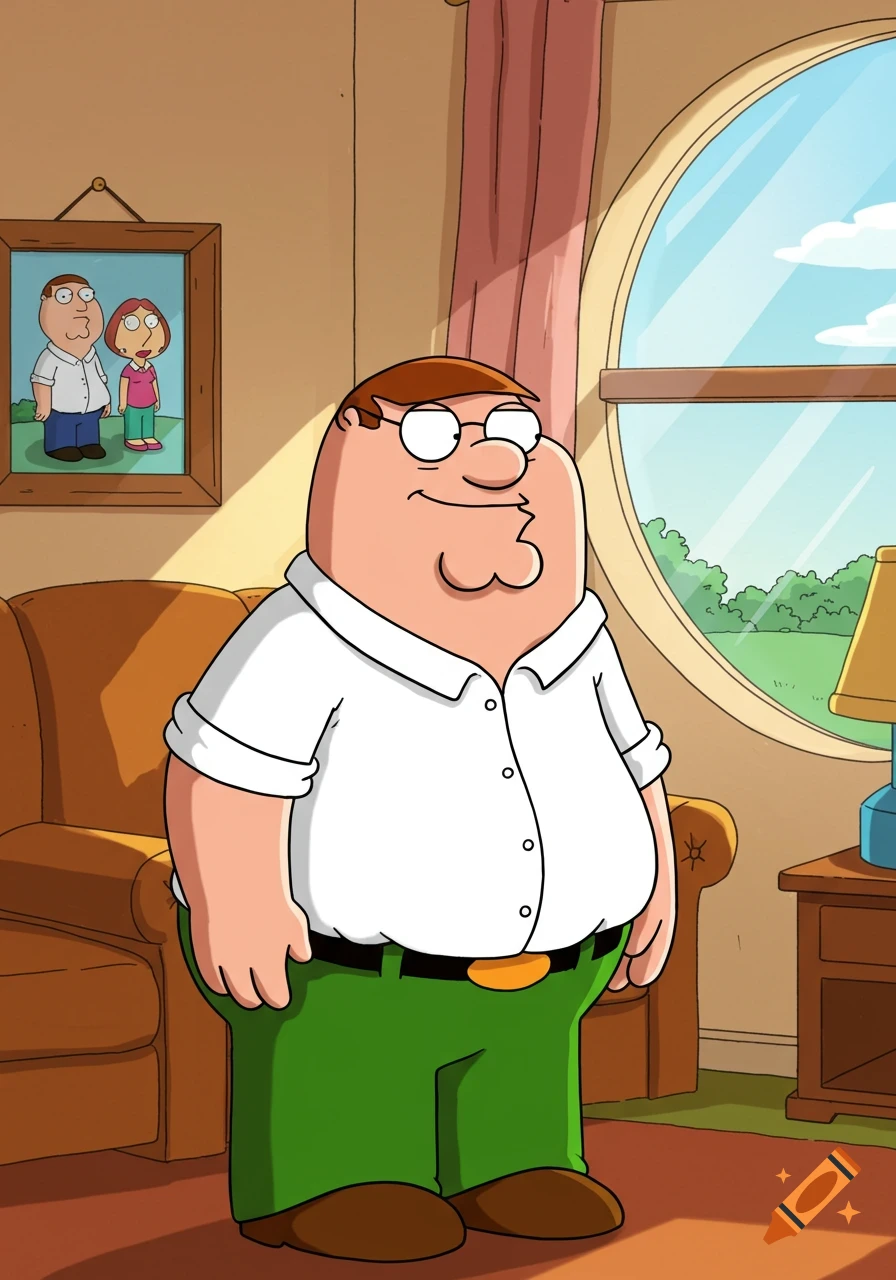 Cartoon depiction of Peter Griffin from Family Guy, standing in a living room with a couch and a round window.