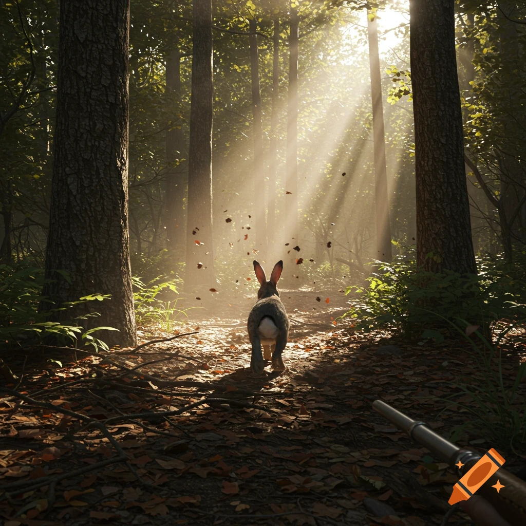 A photorealistic rabbit walks down a sun-dappled forest path, viewed from a hunter's perspective with a rifle in the foreground.