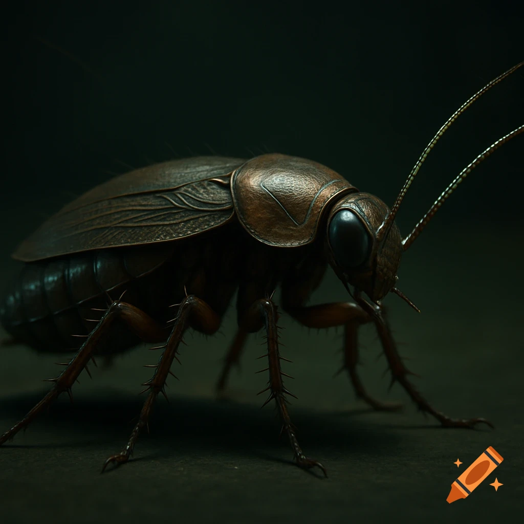 Close-up of a cockroach with a metallic bronze exoskeleton, dark textured wings, and spiky legs, against a dark background.
