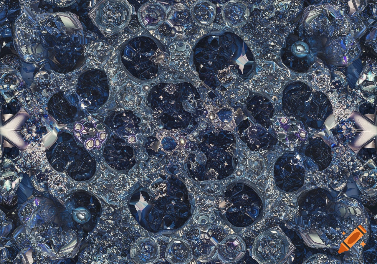 Intricate abstract pattern of dark blue, silver, and clear crystalline structures with a glossy, metallic appearance.