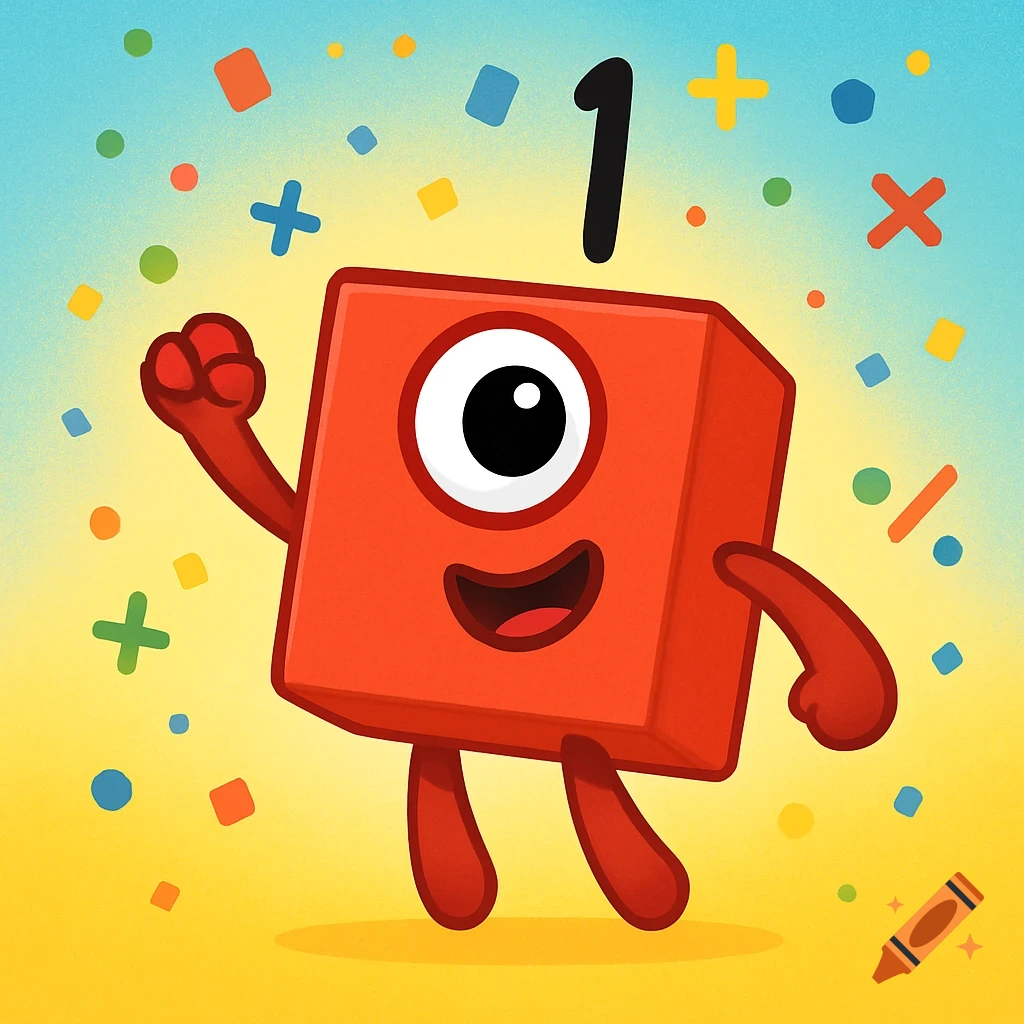 A friendly red block character with one eye and a smiling mouth gives a thumbs-up, with a large black number '1' above it, surrounded by colorful mathematical symbols and confetti.