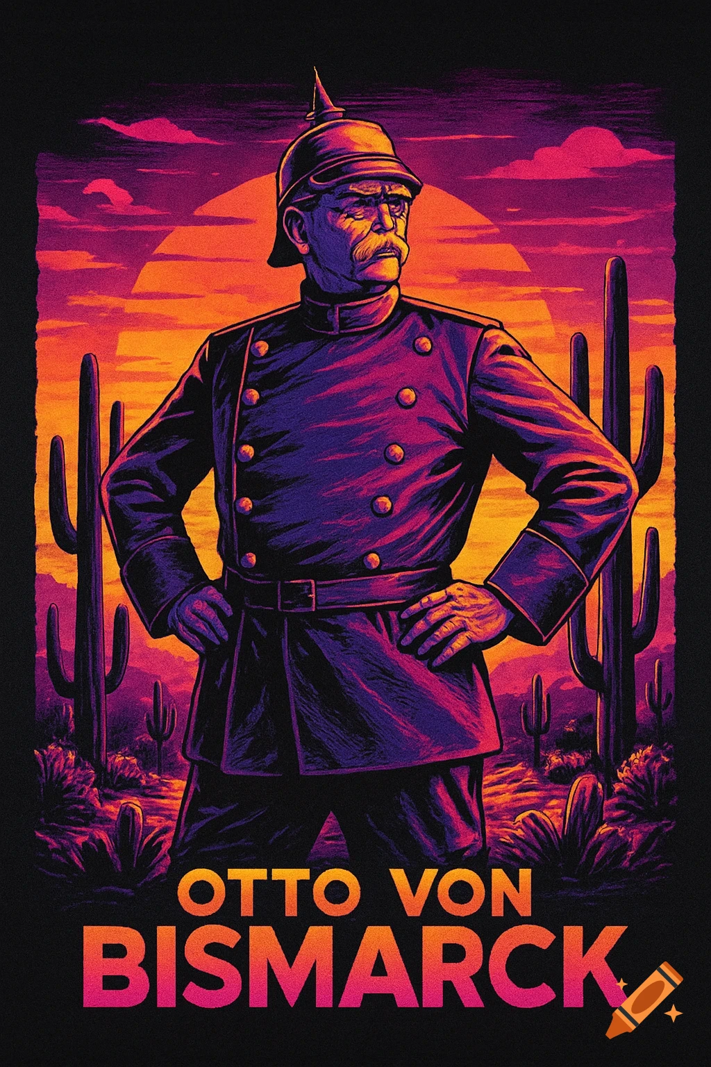 Vibrant 80s style poster of Otto von Bismarck in uniform, hands on hips, against a desert sunset with saguaro cacti.