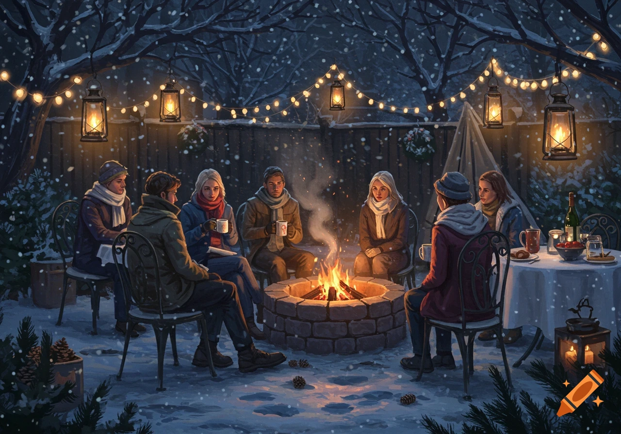 Six people in winter clothes gather around a campfire in a snowy garden at night, illuminated by string lights, in an illustrated style.