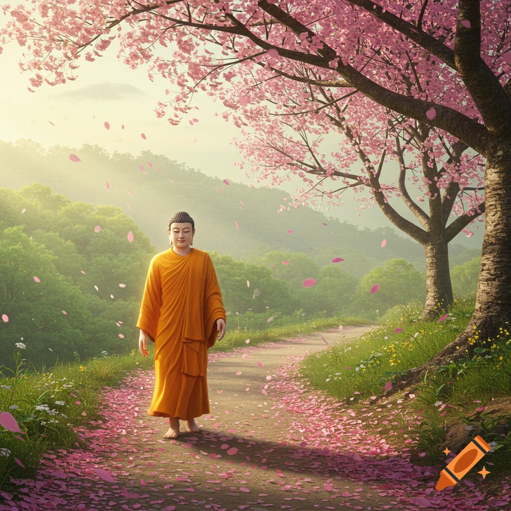 A Buddha figure in orange robes walks barefoot on a path covered in pink cherry blossom petals under blooming trees in a serene landscape.