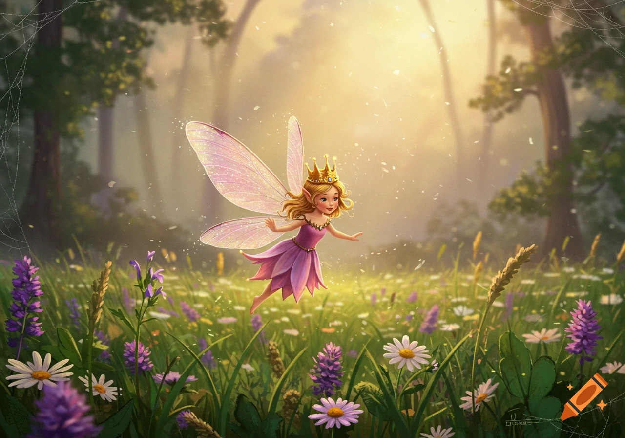 A tiny blonde princess fairy with a golden crown and sparkling pink wings floats in a sunlit magical forest meadow filled with purple and white flowers.