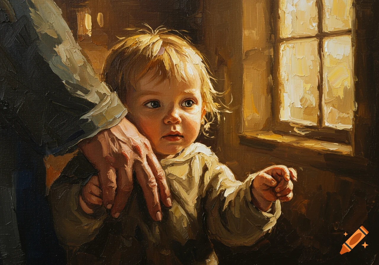 Impasto oil painting of a child with an adult's hand on their shoulder, looking towards a sunlit window.