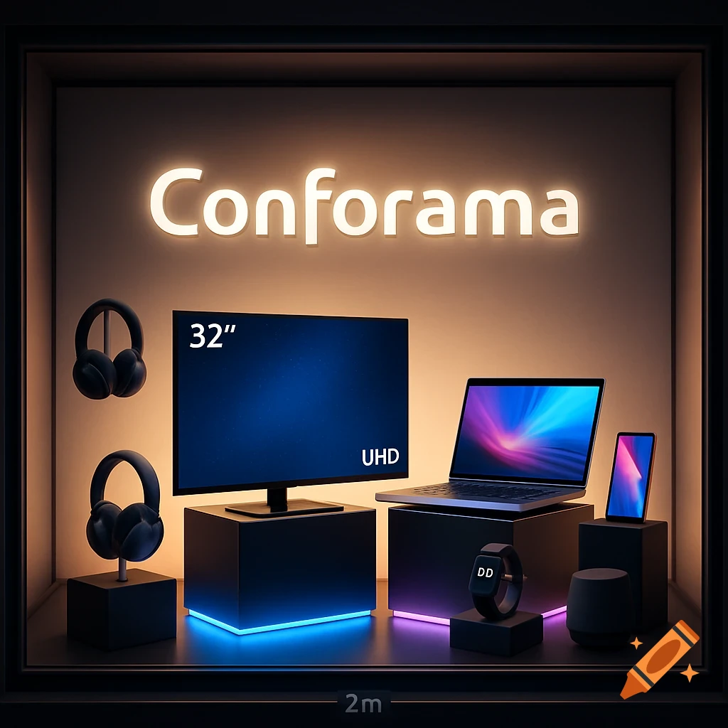 A display window showcasing electronics including a 32-inch monitor, laptop, smartphone, two headphones, a smartwatch, and a speaker.