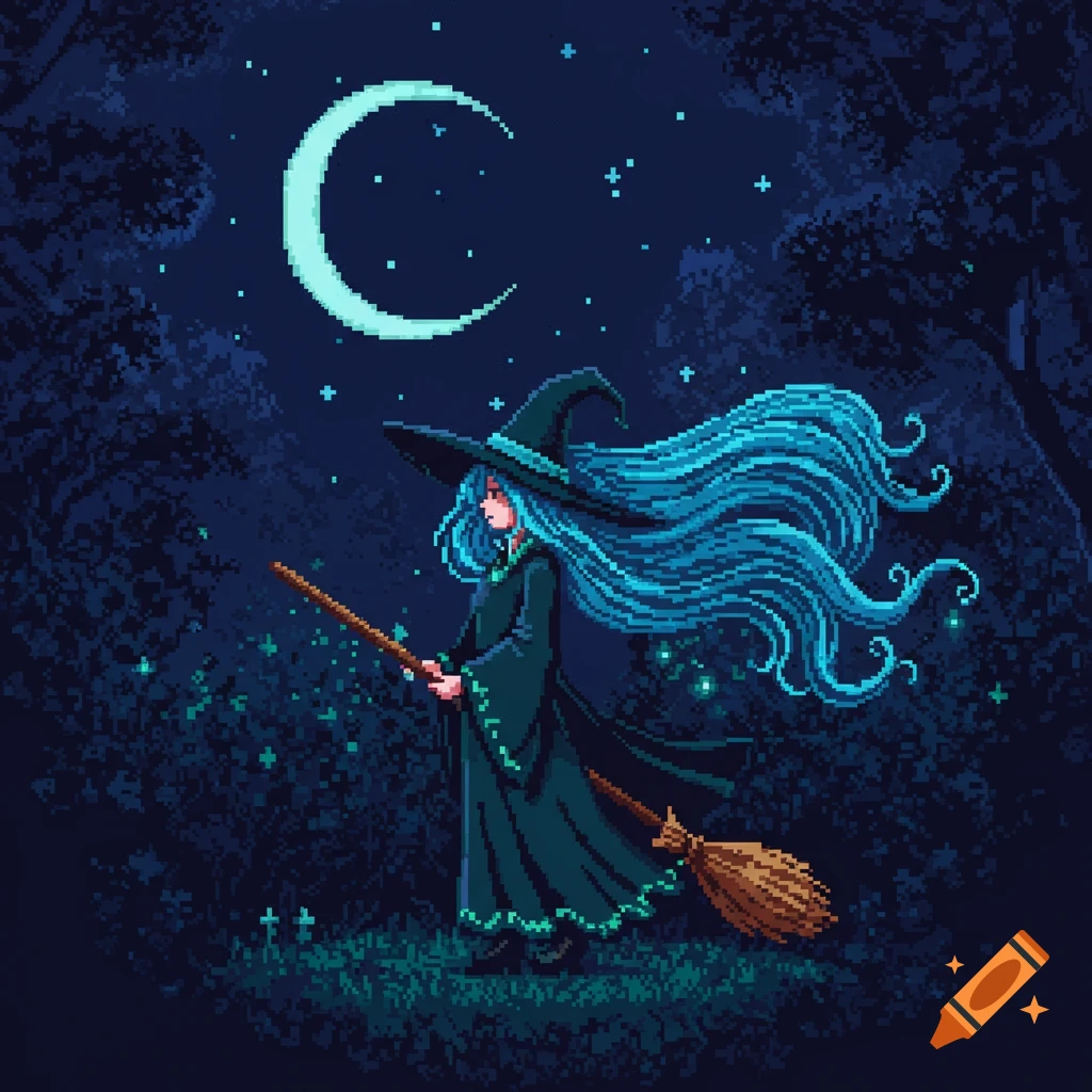 A pixel art witch with long blue hair holds a broom under a crescent moon in a dark forest.