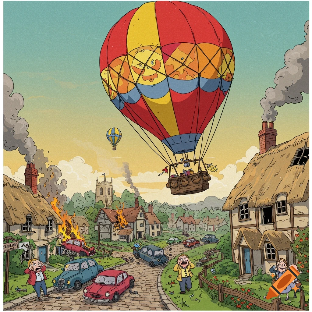 A large red and yellow hot air balloon flies over a cartoon village in chaos, with houses on fire, crashed cars, and panicking people.