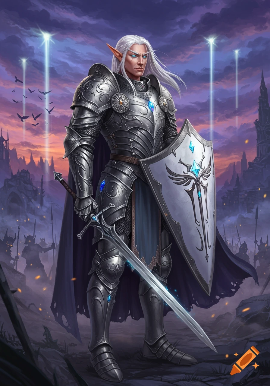 A white-haired high elf paladin in silver armor stands with a sword and ...