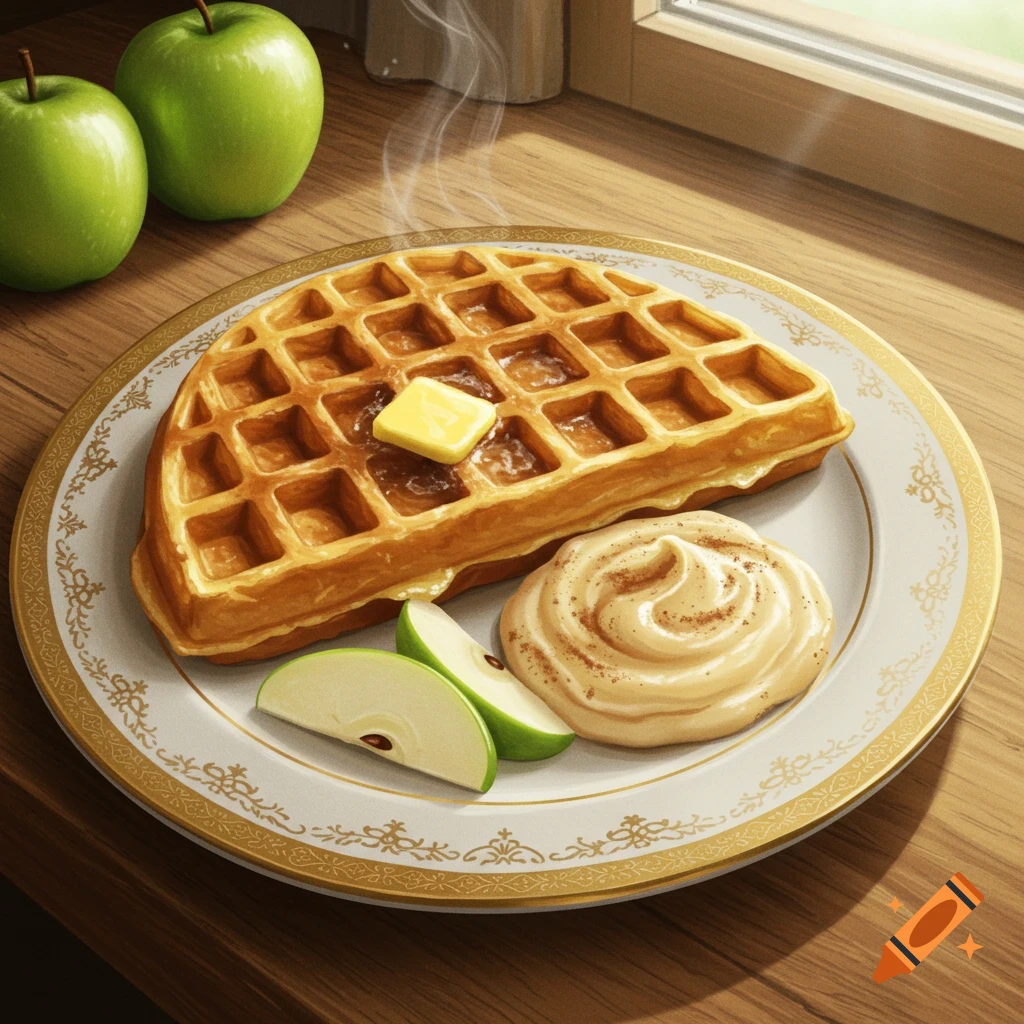 A steaming waffle with butter, apple slices, and cinnamon cream on a decorative plate, on a wooden table with green apples.
