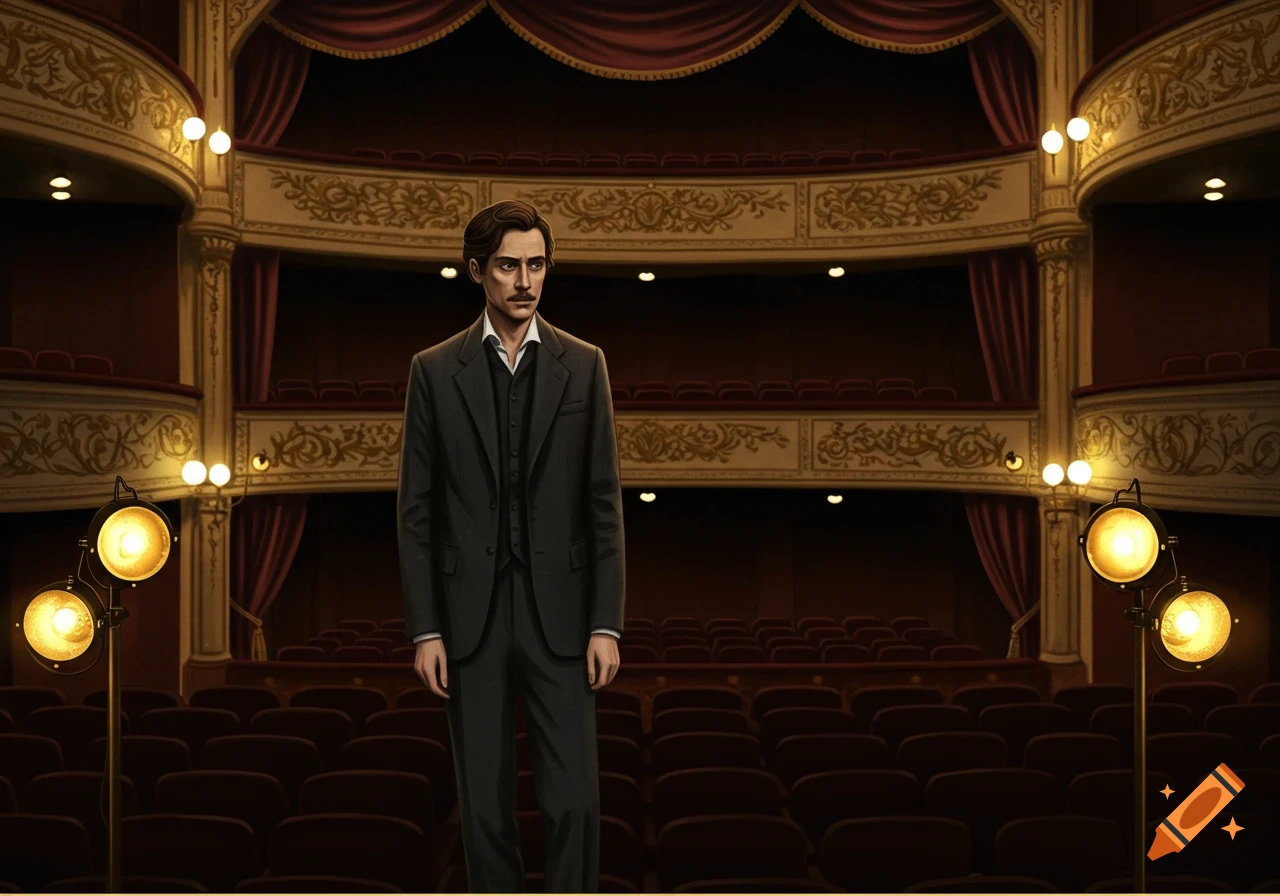 A man in a suit stands on a stage in an ornate, empty theater, illuminated by two stage lights.