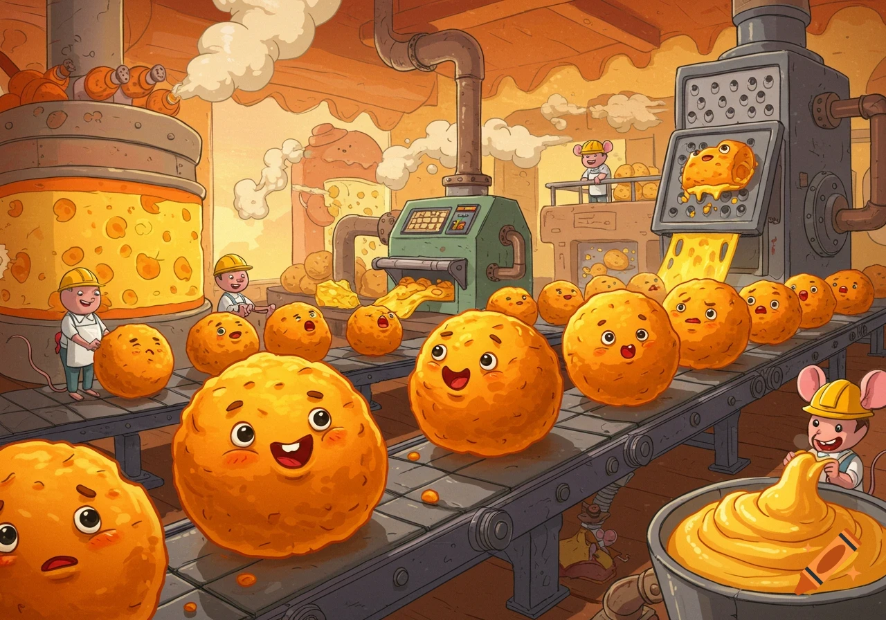 A whimsical cartoon illustration of a cheese ball factory with smiling cheese balls on a conveyor belt and mouse workers operating machines.