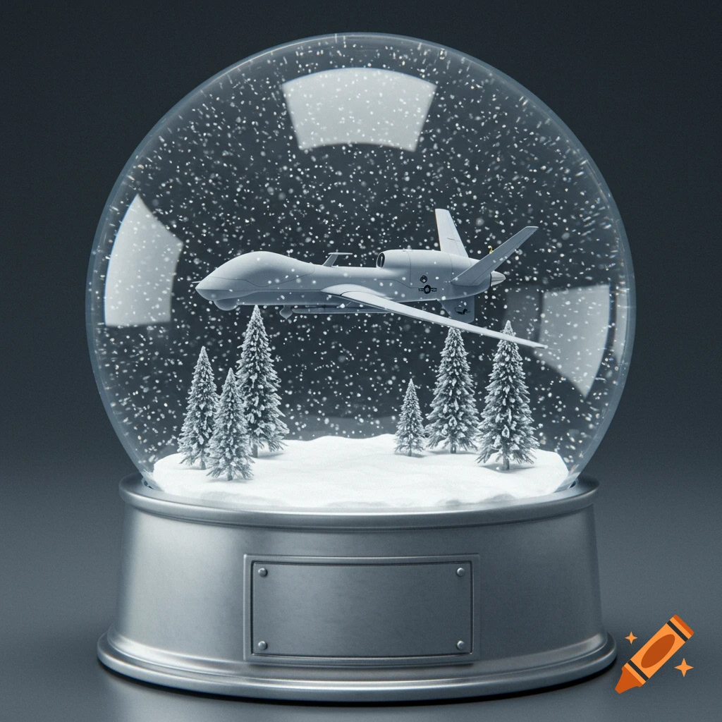 A detailed RQ-4 Global Hawk drone flies above snowy pine trees inside a glass snowglobe on a dark background.