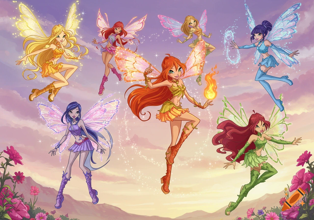 Six colorful fairies with wings fly and pose against a pastel sky with flowers, in a cartoon style.