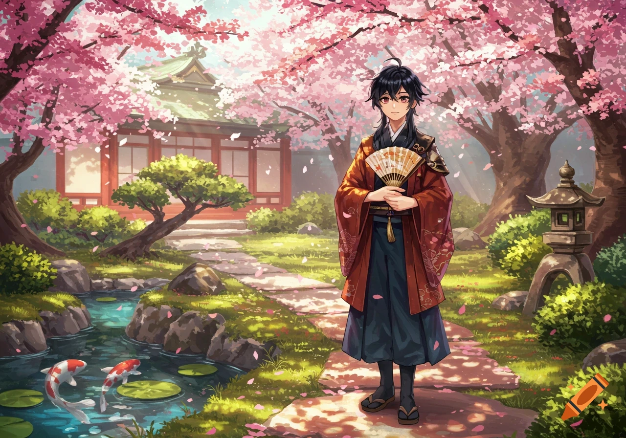 An anime boy in a red kimono holds a fan in a beautiful Japanese garden with cherry blossoms, a pond with koi fish, and a traditional house.