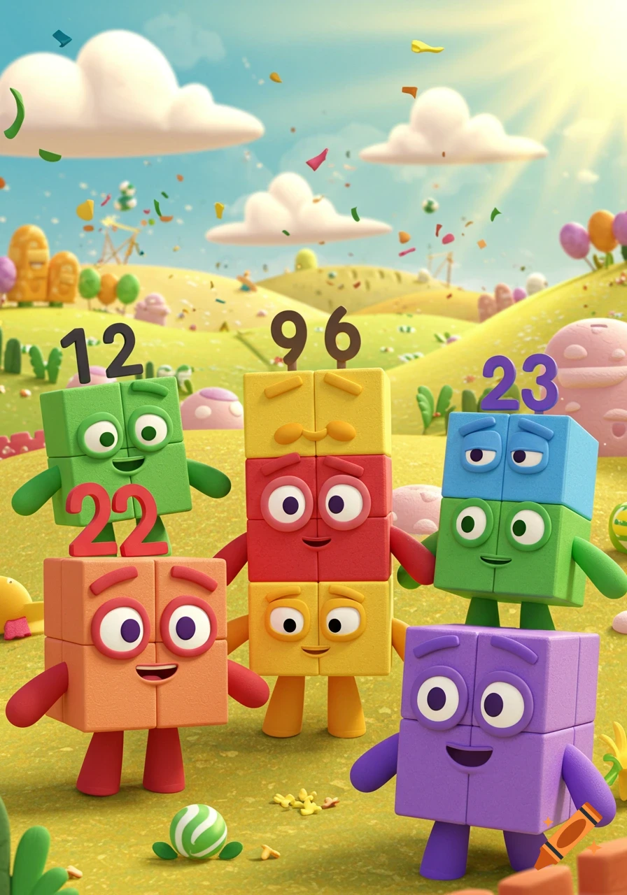 Colorful Numberblock characters with numbers 12, 96, 23, 22 celebrate in a sunny, cartoon landscape with confetti.