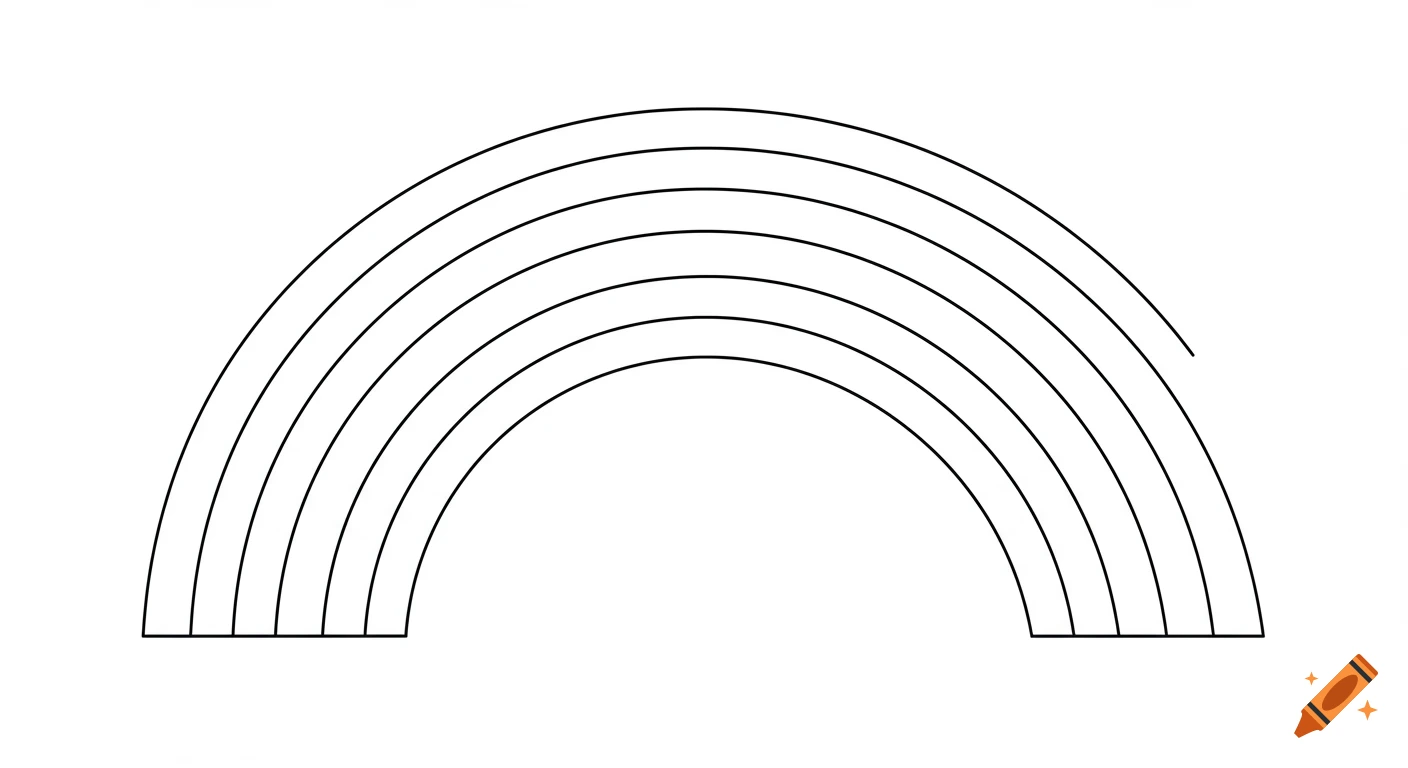 A black outline drawing of a 7-arc rainbow on a white background, designed for coloring.